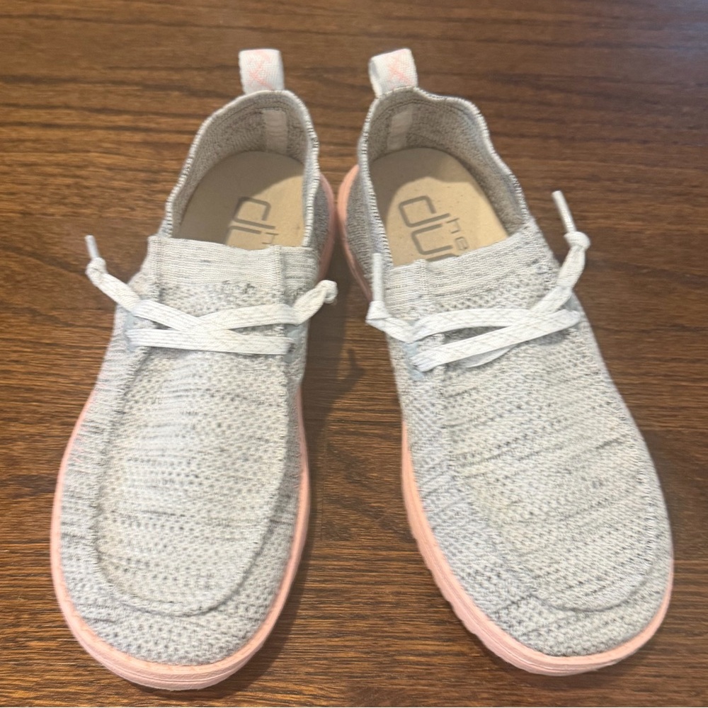 Hey Dudes Light Gray Knit Slip-On Sneakers with Pink Sole